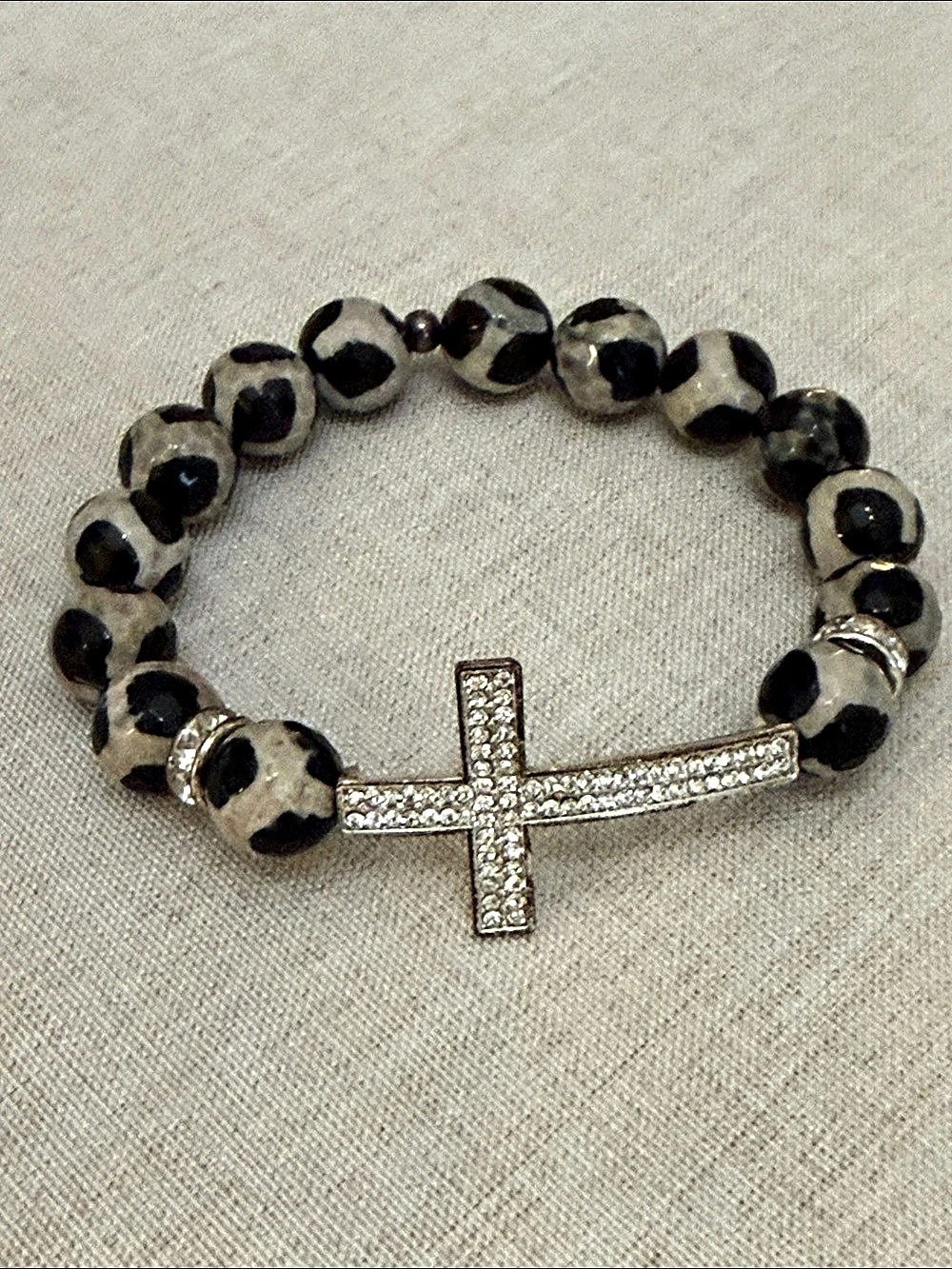 Cross Charm Bracelet Black & Gray Dalmatian Stone Like New